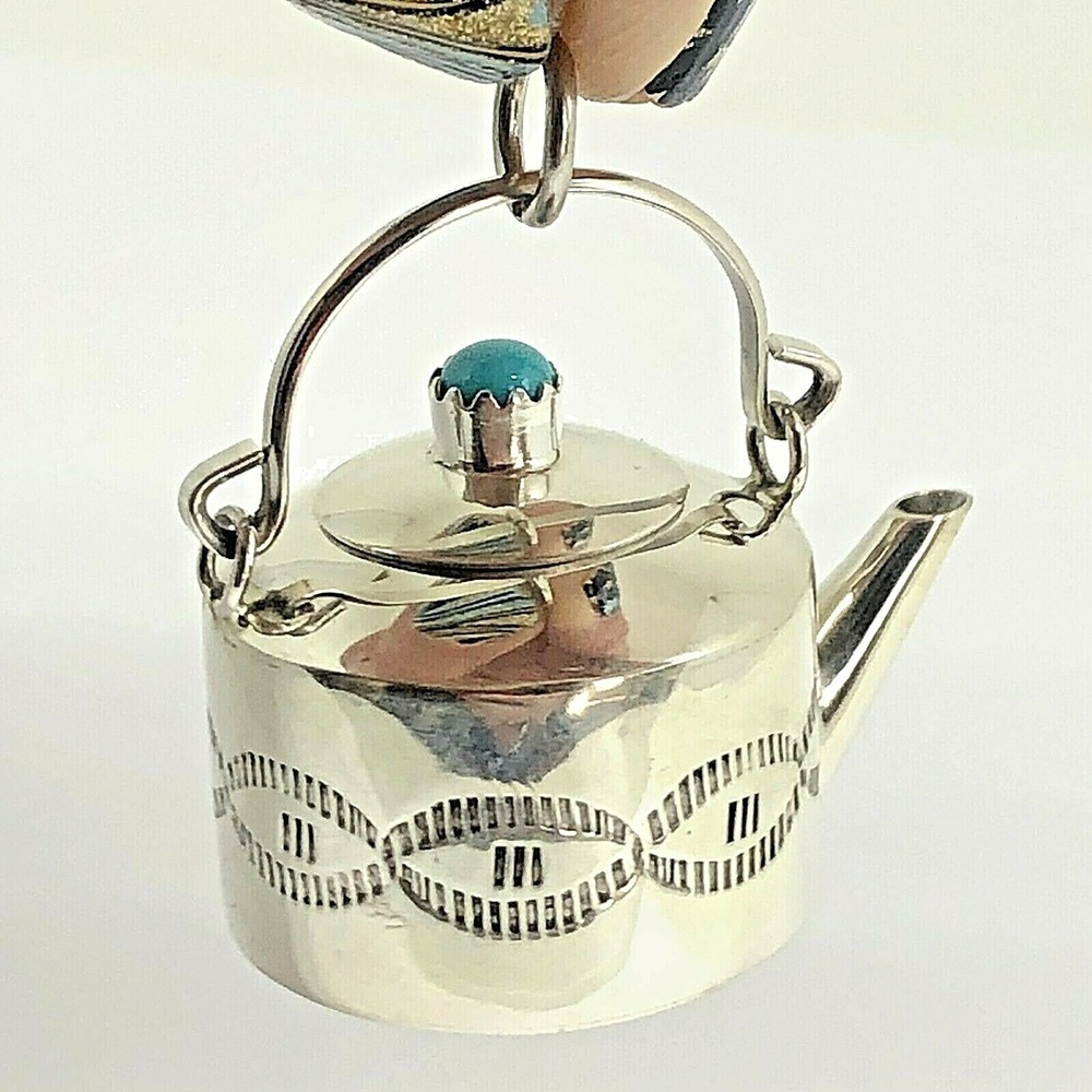 Navajo Mini Turquoise Teapot Kettle‎ Coffee Pendant Signed WKW Sterling Handmade